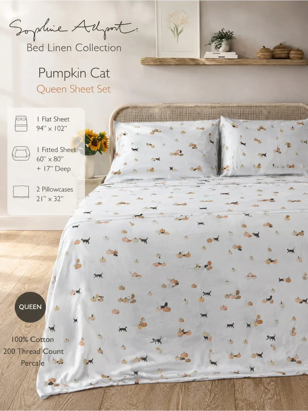 Sophie Alport Pumpkin Cat Queen Sheet Set - White with Orange Accents